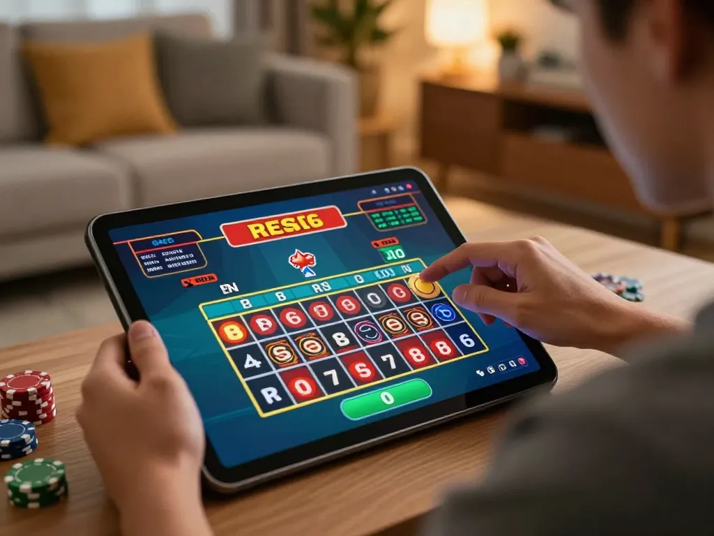 Player engaging with roulette game on tablet at home, showcasing 8kbetbh online gaming experience.