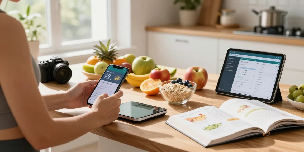 Using the best calorie tracker to log a healthy breakfast with fresh ingredients and a smartphone in the kitchen.