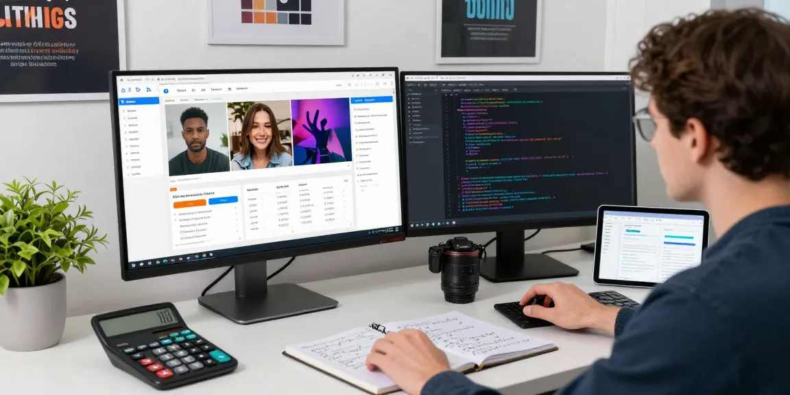 Data analyst using an ai image detector on dual monitors in a modern workspace