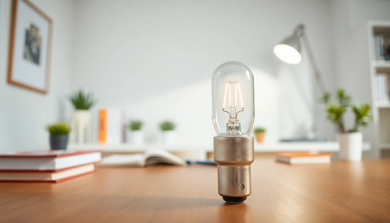Bright g16 bulb illuminating a modern workspace, showcasing its sleek design and clarity.