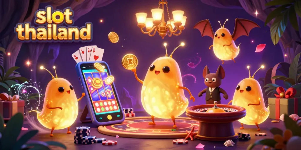 Experience slot thailand in a glowing cave casino scene with vibrant glowworms and games.