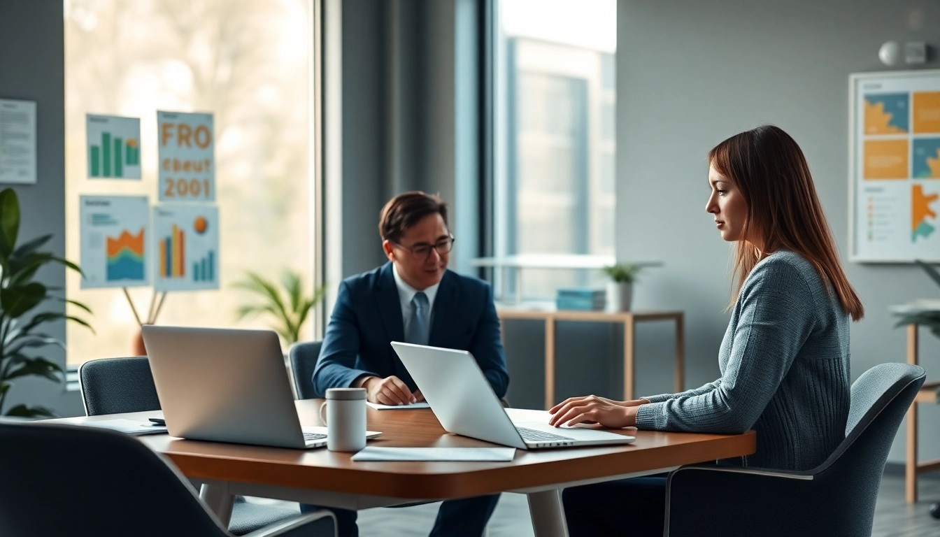 Engaging business coaching near me session with a coach and client in a modern office.