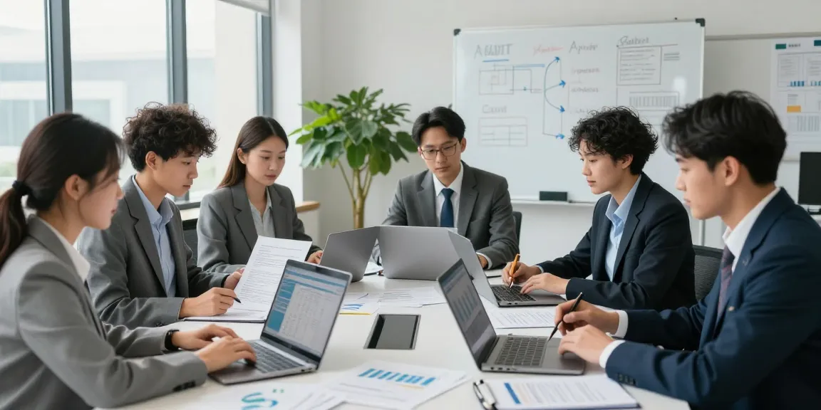 Tim audit forensik profesional di aafikotatasikmal.org bekerja sama dalam lingkungan kantor modern.