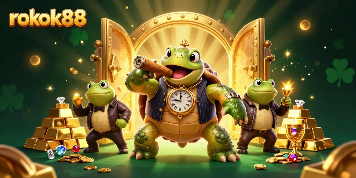 Experience excitement with rokok88 as a snapping turtle mobster and his bullfrog enforcers light up the casino floor.