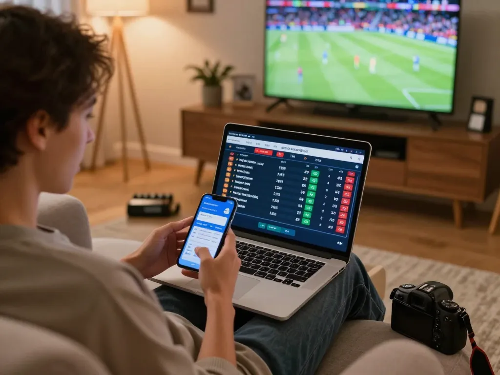 siti scommesse stranieri with a person engaging in sports betting on a laptop and smartphone in a cozy home setup