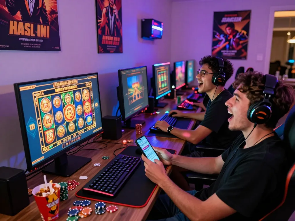 Group enjoying slot gacor hari ini gameplay in a vibrant gaming setup, showcasing excitement and fun.