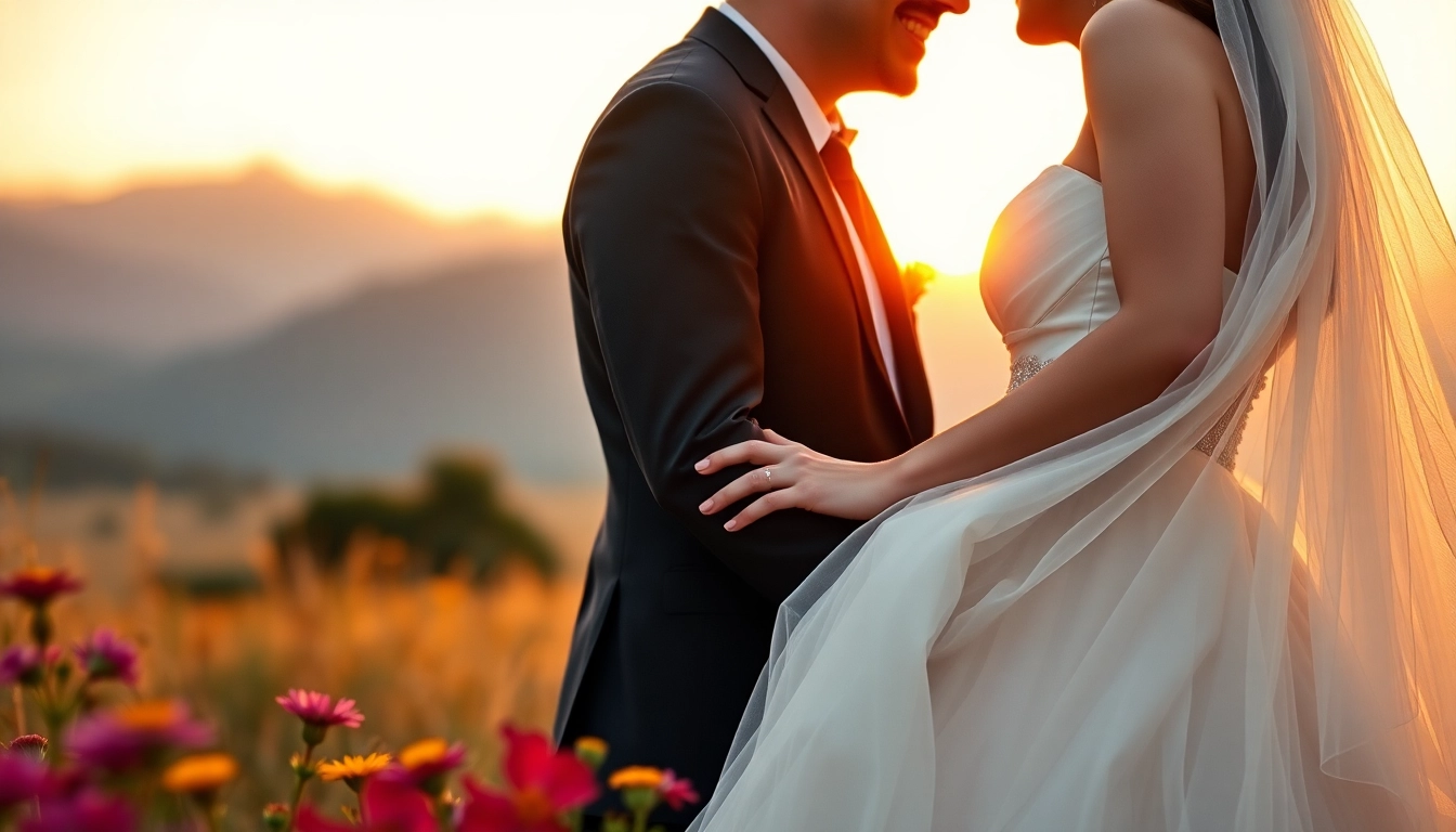 Wedding photography showcasing an emotional couple outdoors during golden hour.