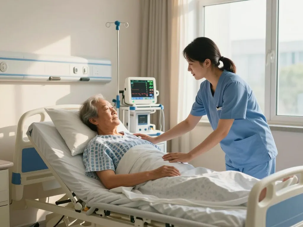 giường bệnh nhân providing comfort to an elderly patient in a warm hospital room