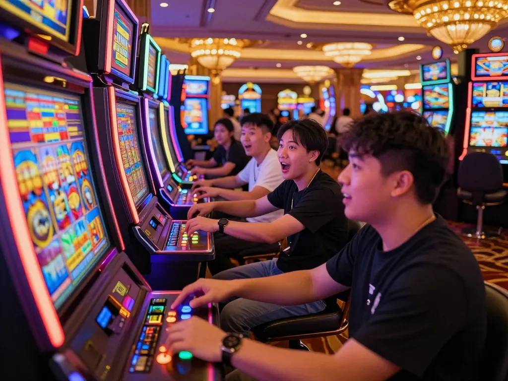 Players engaging in slot gacor gameplay at vibrant casino machines, excitement evident on their faces.
