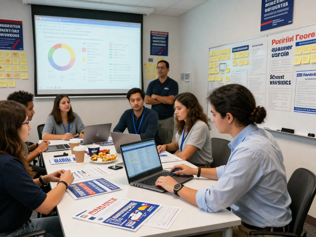 Campaign attribution tracking analysis in a vibrant political office with a team brainstorming strategies.