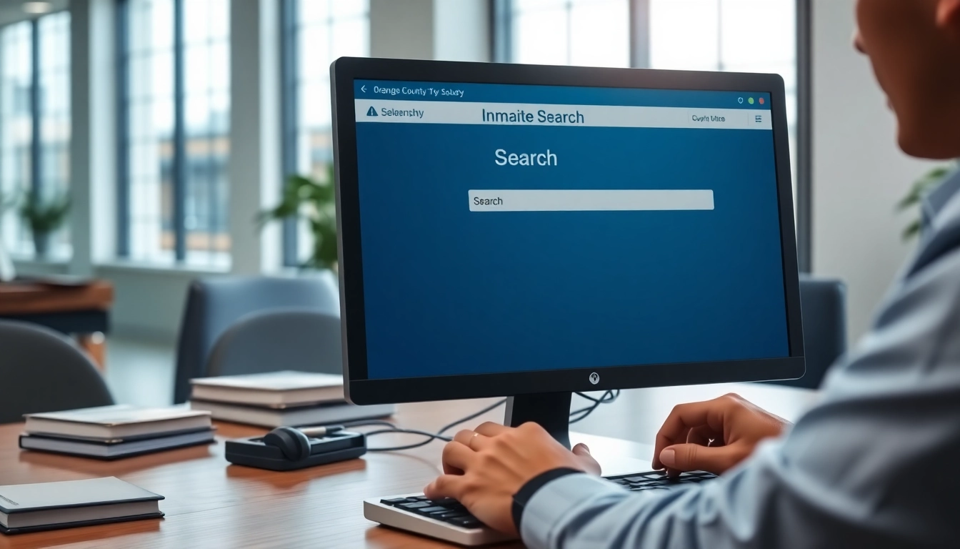 Conducting an Orange County inmate search on a computer screen in a professional office.