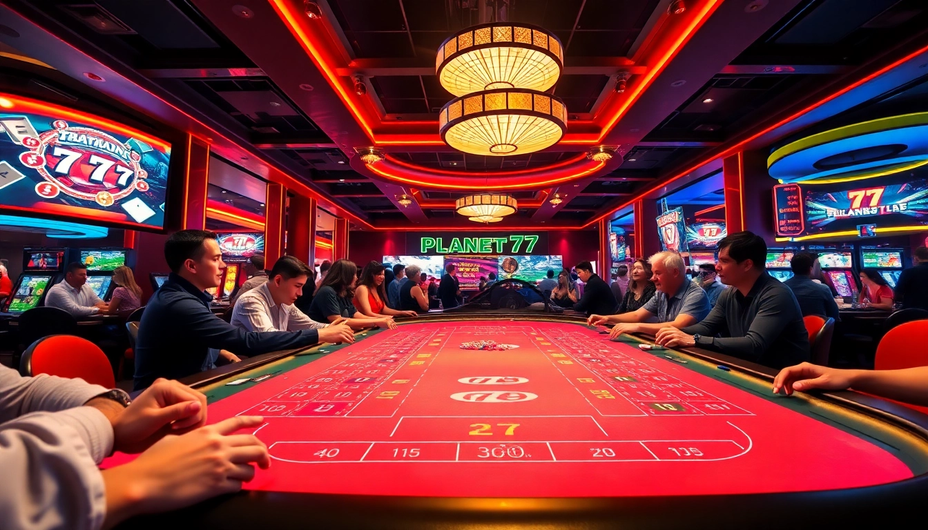 Main focus on Planet77 APK gaming table with lively players, creating a vibrant casino atmosphere.