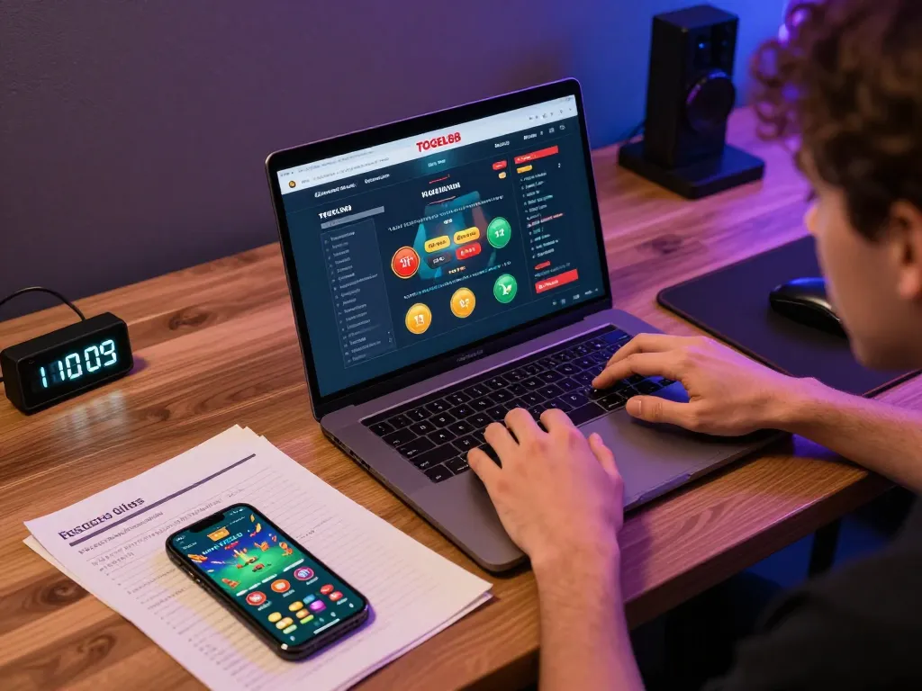 Engaging in TOGEL88 online betting with a laptop and strategic notes.