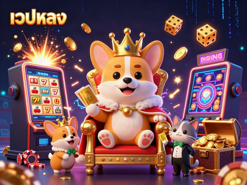 แสดงเว็บตรงด้วยภาพ 3D การ์ตูนของคอร์กี้ในราชบัลลังก์ ปรับแต่งด้วยสล็อตที่ระเบิดจ่ายเหรียญ