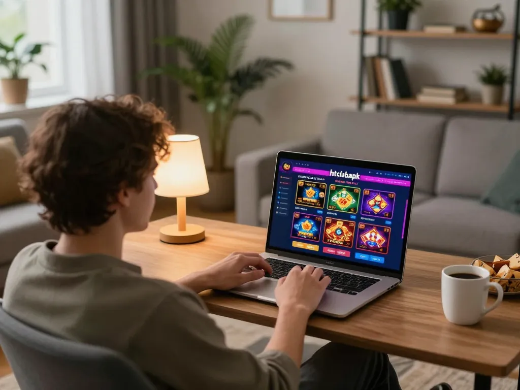 Player engaging with hitclubapk casino app on laptop in cozy home gaming setup, with ambient lighting enhancing the atmosphere.