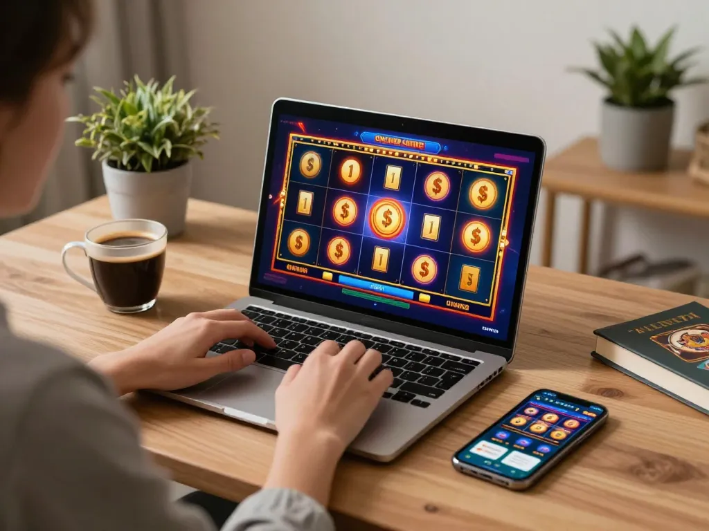 Engaging scene of a player enjoying online slot gameplay on a laptop while sipping coffee.