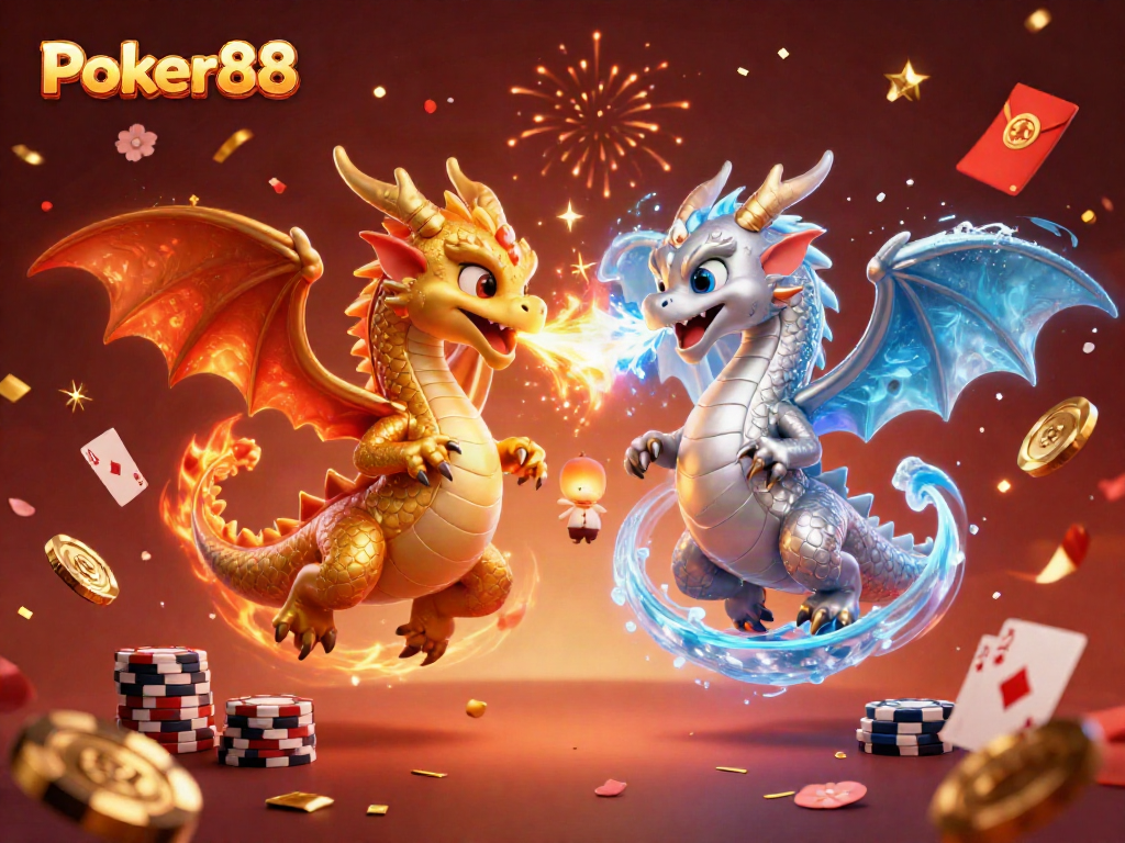 Engage in Poker88's thrilling atmosphere with dragons, fire, ice, and floating poker elements.