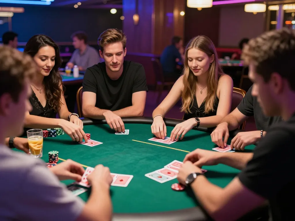 Engaged players strategizing during a poker game at 58win's exclusive casino.