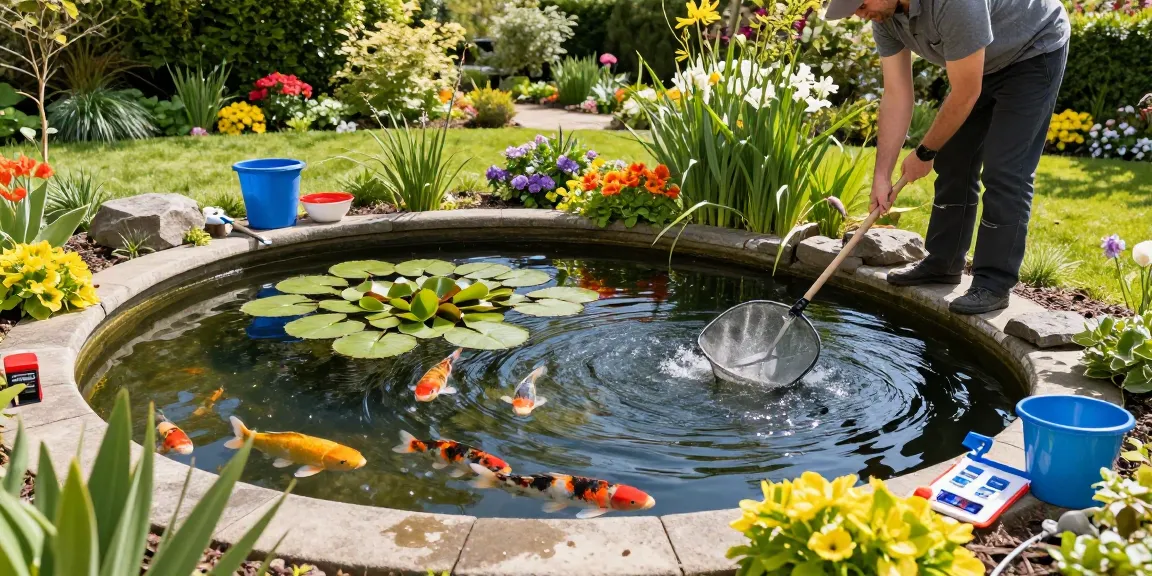 Pond Clean Surrey: Homeowner cleaning a garden pond filled with koi fish and vibrant flora.