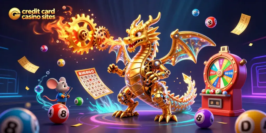 Experience the excitement of credit card casino sites featuring a golden dragon and lottery elements in vibrant 3D.