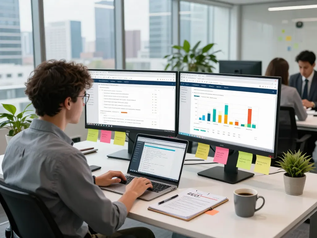 Professional analyzing SEO Audit report in a modern office with data visuals and graphs.