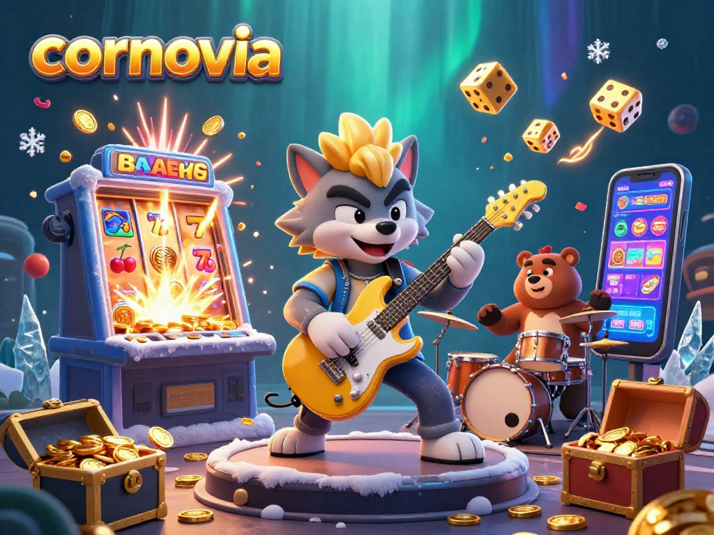 Cornovia showcases vibrant 3D casino scene with a rock star wolf and exciting jackpots.
