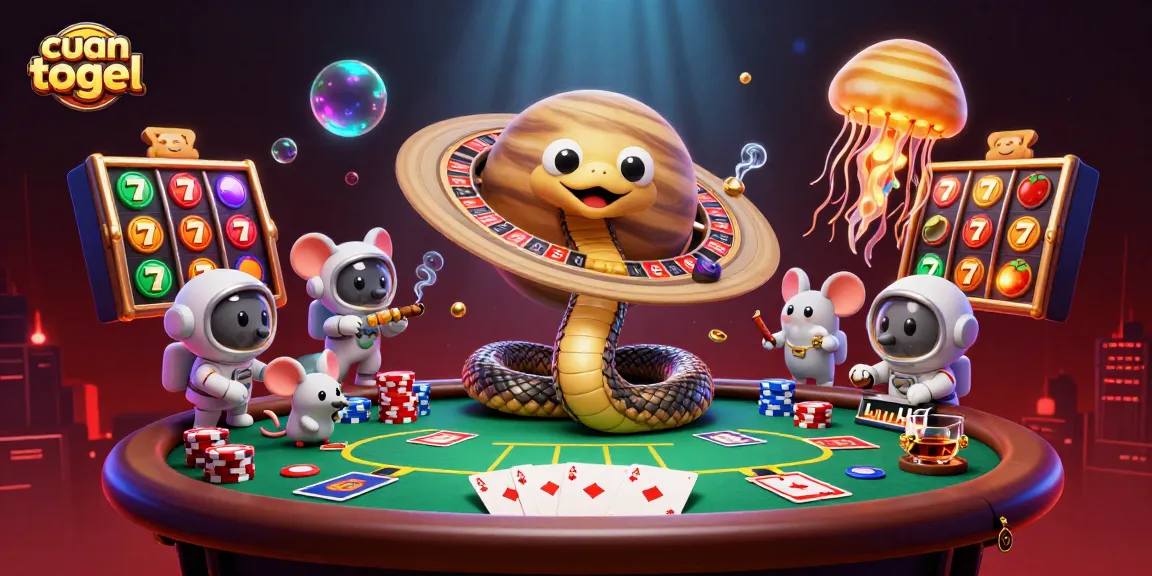 Place your bets with cuan togel in a vibrant cosmic casino scene featuring cartoon snakes, mice, and jellyfish.