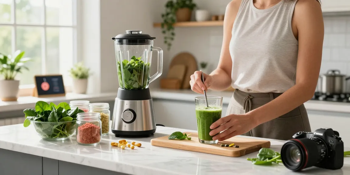 Preparing a nutritious green smoothie with premium wellness supplements and fresh ingredients in a sunlit kitchen.
