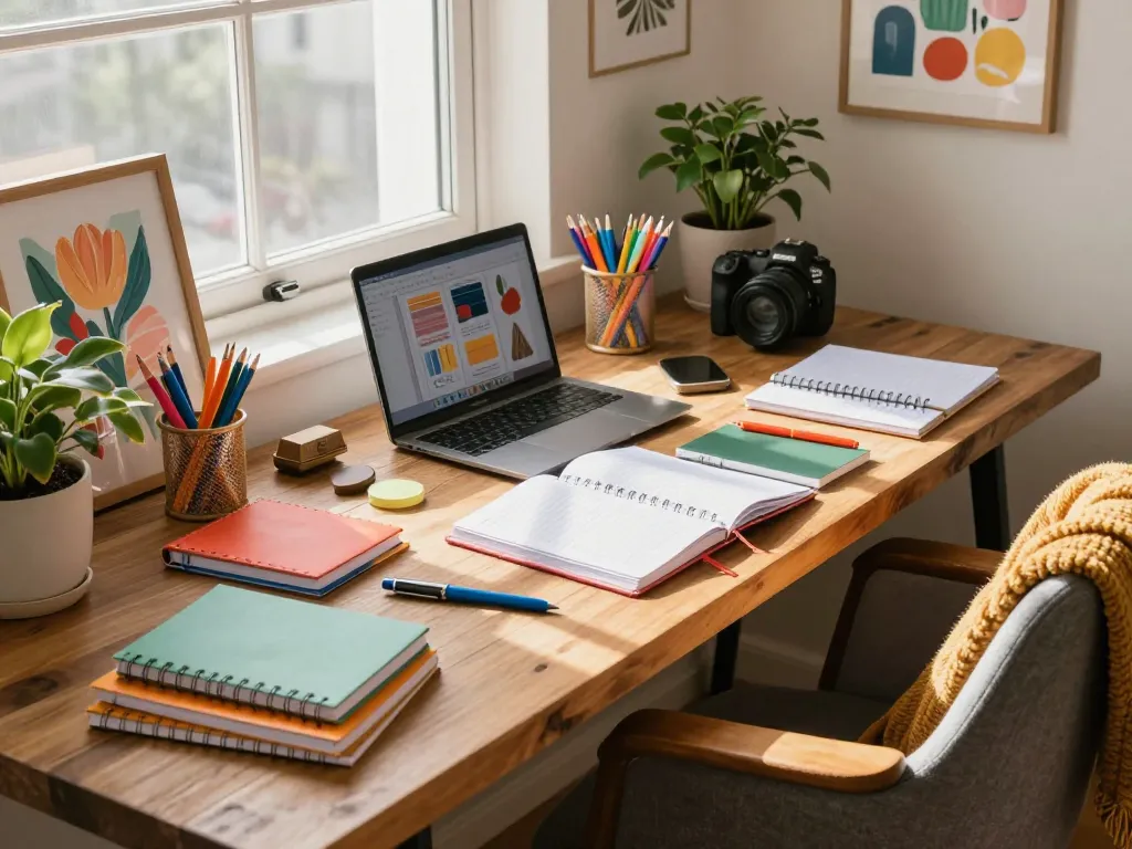 Colorful custom notebooks and stationery in a bright home office workspace.