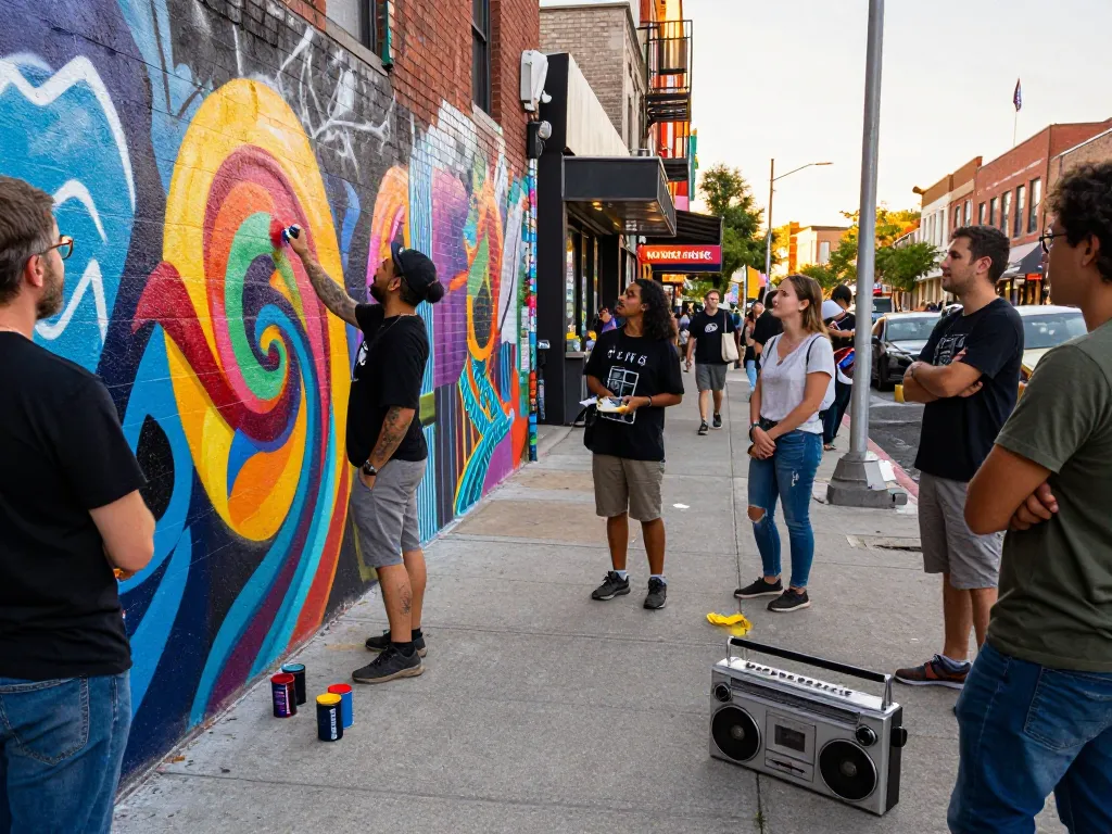 Artist creating vibrant street art mural in city, showcasing creativity and culture with ia +18 elements.