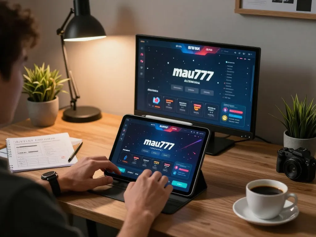 Engaging in online gaming with mau777 link alternatif on tablet in a cozy modern workspace