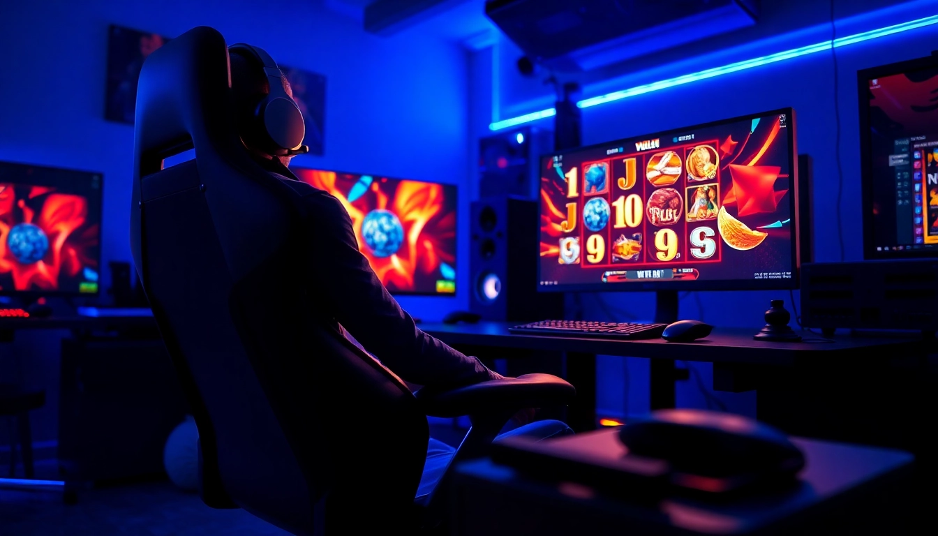 Permainan slot deposit 1k yang menarik dengan setup gaming modern dan pencahayaan neon.