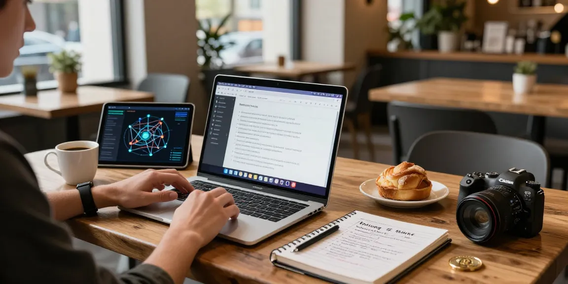 Engaged learner studying crypto mining platforms in a coffee shop setting, showcasing blockchain technology research and exploration.