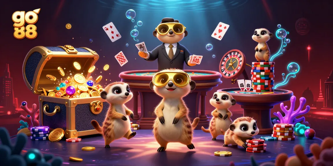 Engage with go 88's vibrant casino scene featuring meerkats dealing cards and running games.