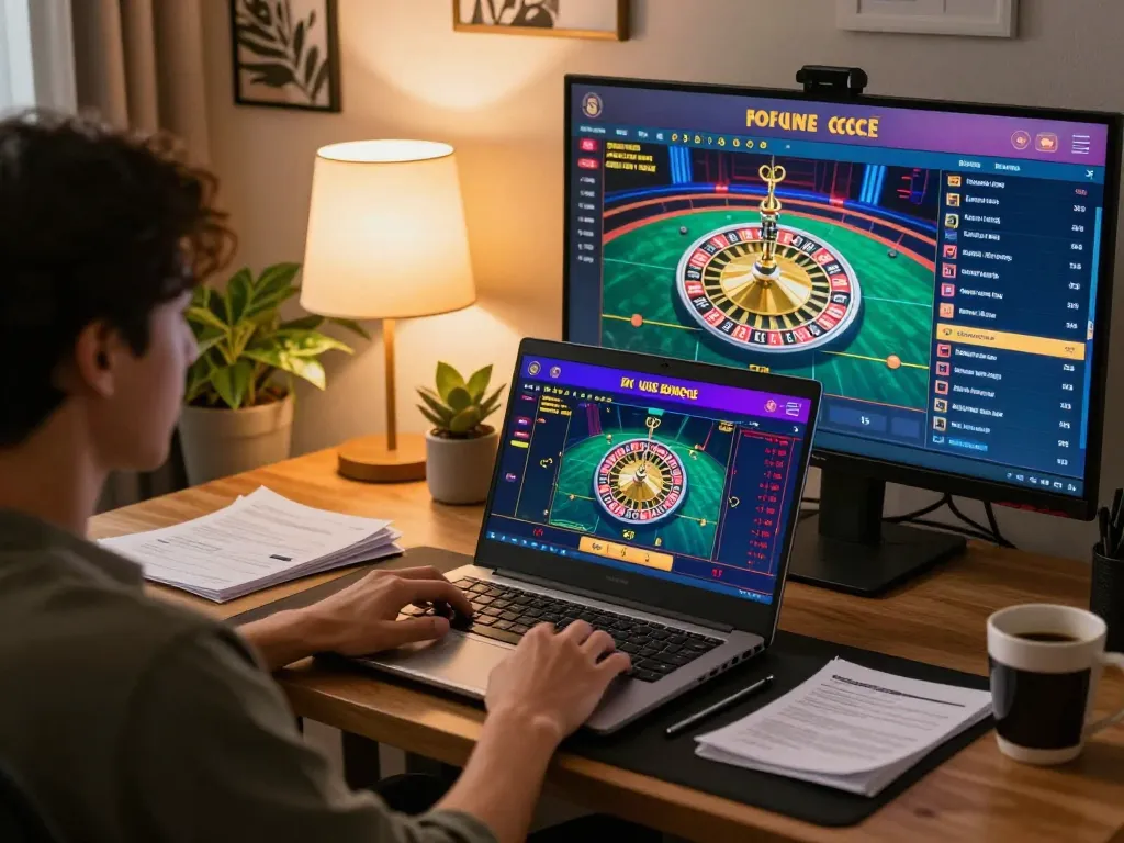 Engaged player experiencing link slot kamboja on a live dealer game from home setup.