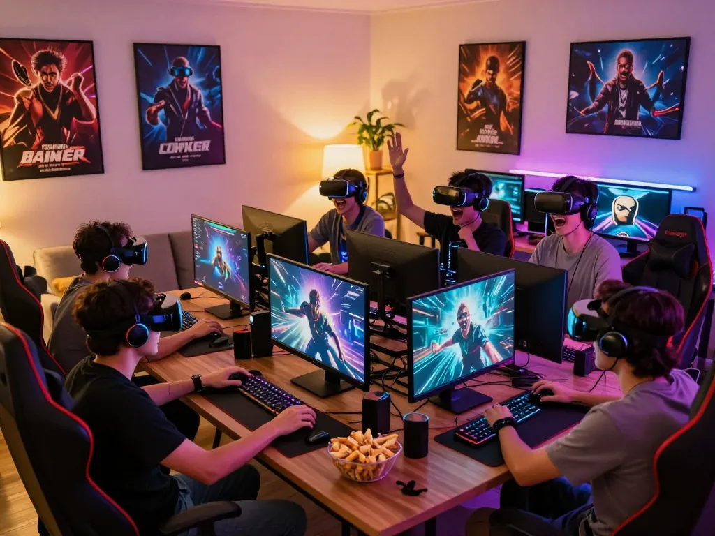 Excited gamers downloading tải go88 and engaging in multiplayer gaming experiences at home.