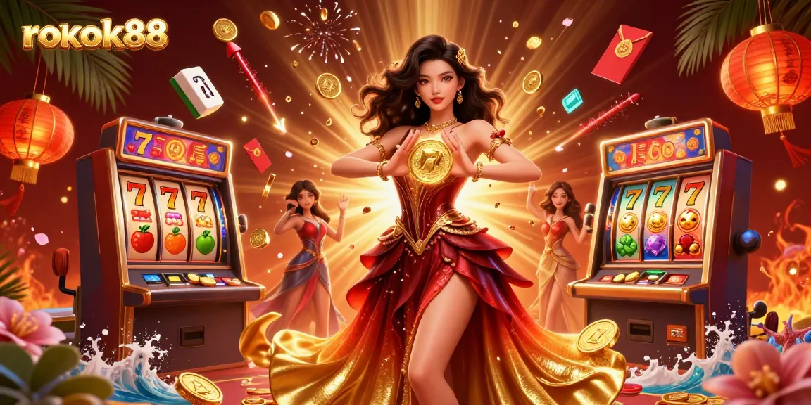Spin the reels and collect winnings with rokok88 in this vibrant casino illustration featuring dynamic characters.