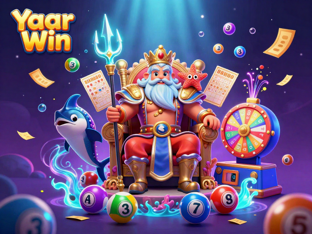 Engage in vibrant gameplay with Yaar Win, as Neptune and friends celebrate in a dynamic casino scene.