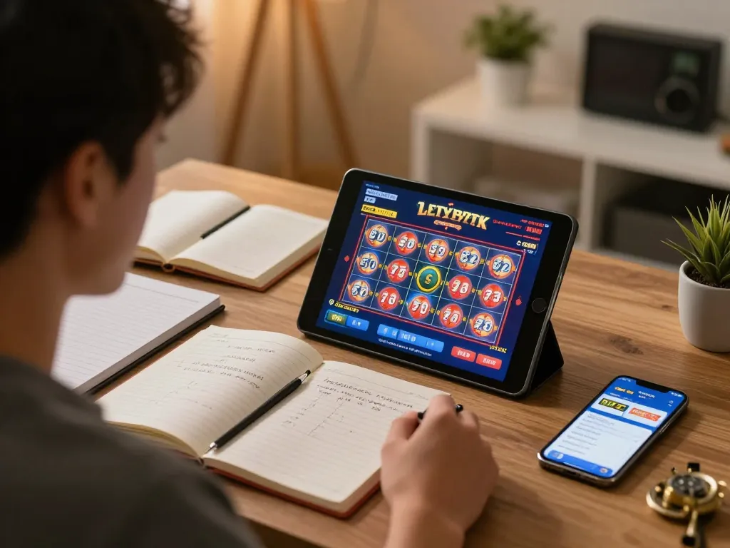 Player engaging in a thrilling toto slot game on a tablet while strategizing with notes.