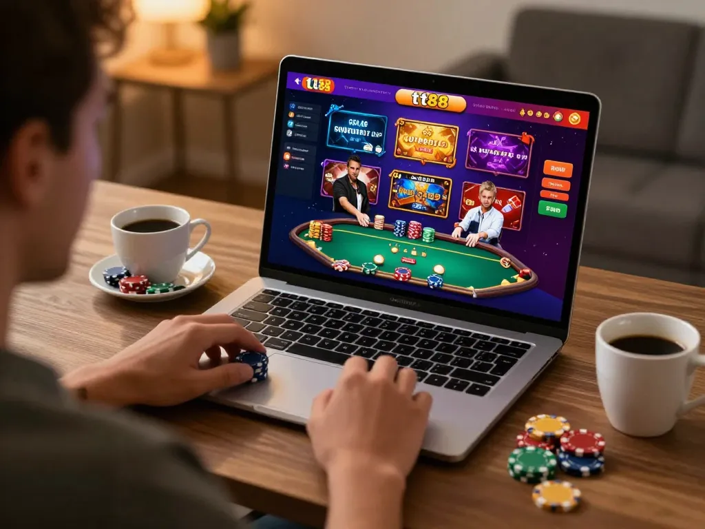 Engaged user playing poker on tt88 online casino platform at home.