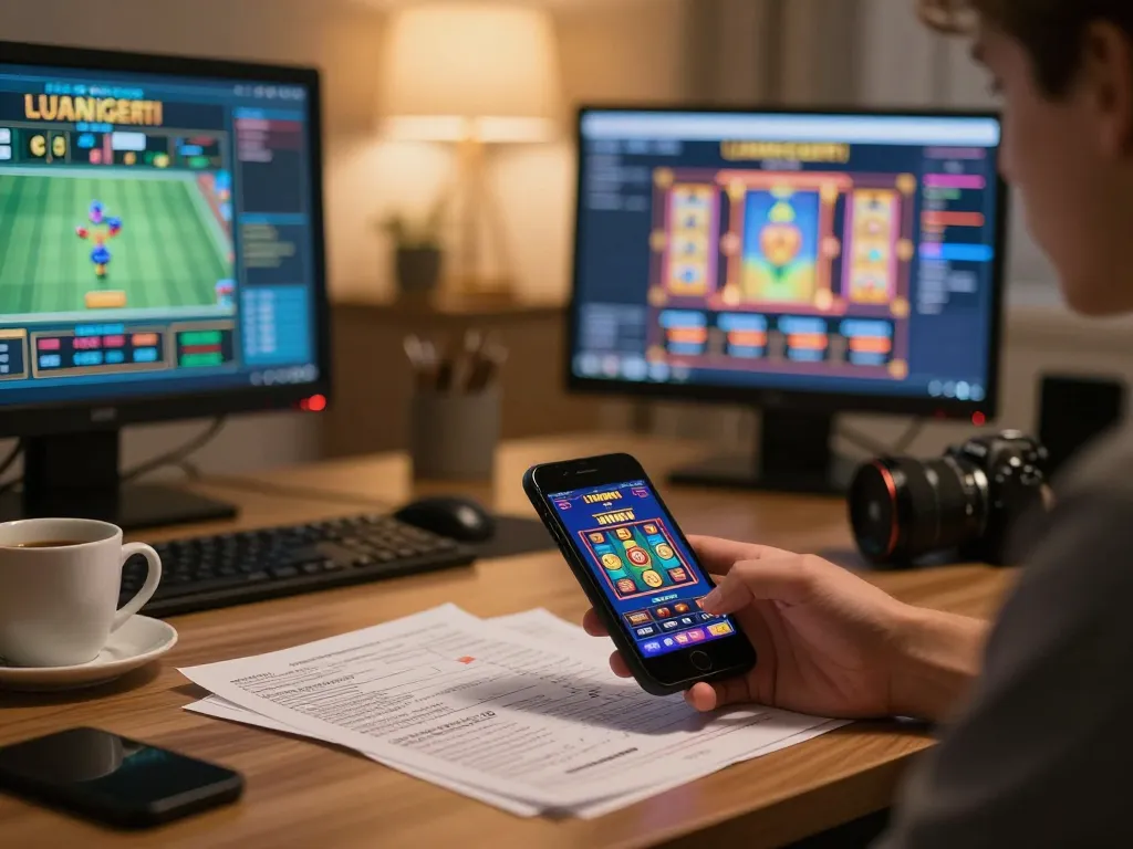 Player strategizing with a mobile device showcasing slot server luar negeri gameplay during a cozy home session.