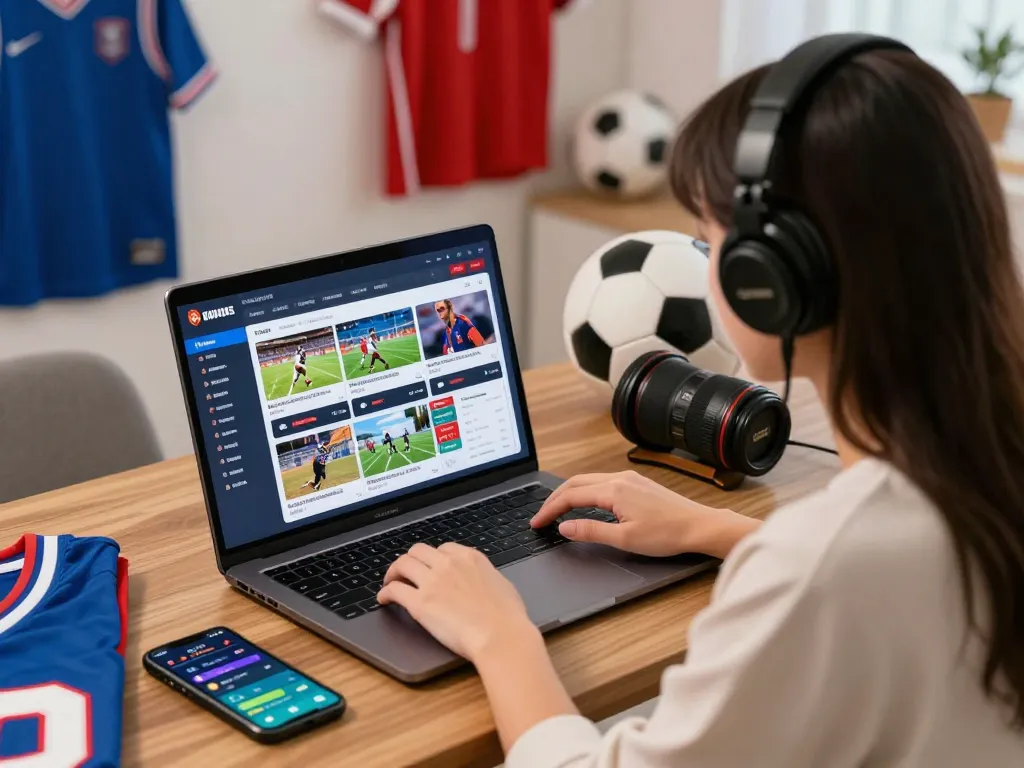 Engaged woman using a laptop to explore betting options on Link vào hubet88 with sports memorabilia decor.