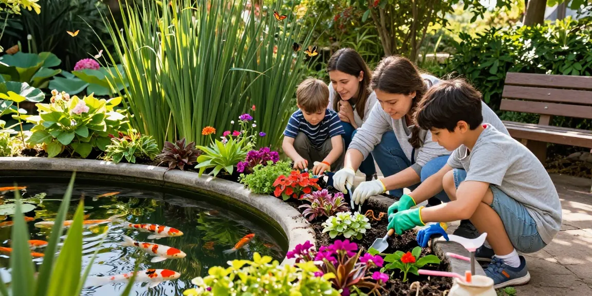 Buy Pond Plants Online and enjoy a vibrant garden family planting aquatic plants by a serene pond.