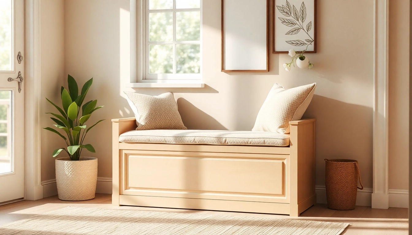 Stylish storage bench enhancing a welcoming entryway with functional design.