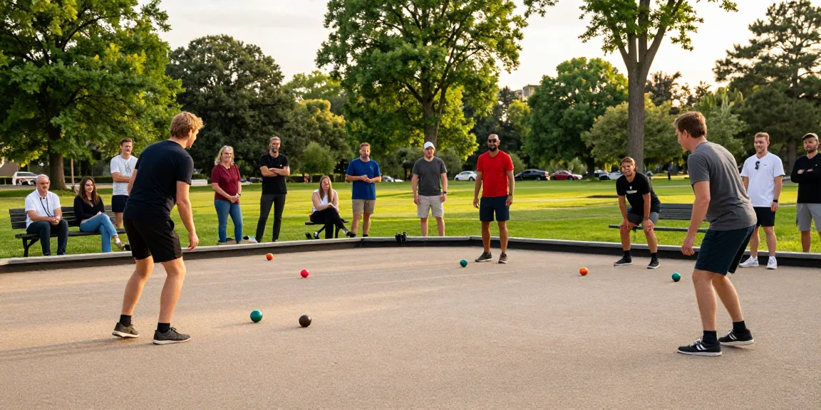 Permainan petanque di fopikotabitung.org saat matahari terbenam, dengan para pemain bersaing di lapangan terbuka.