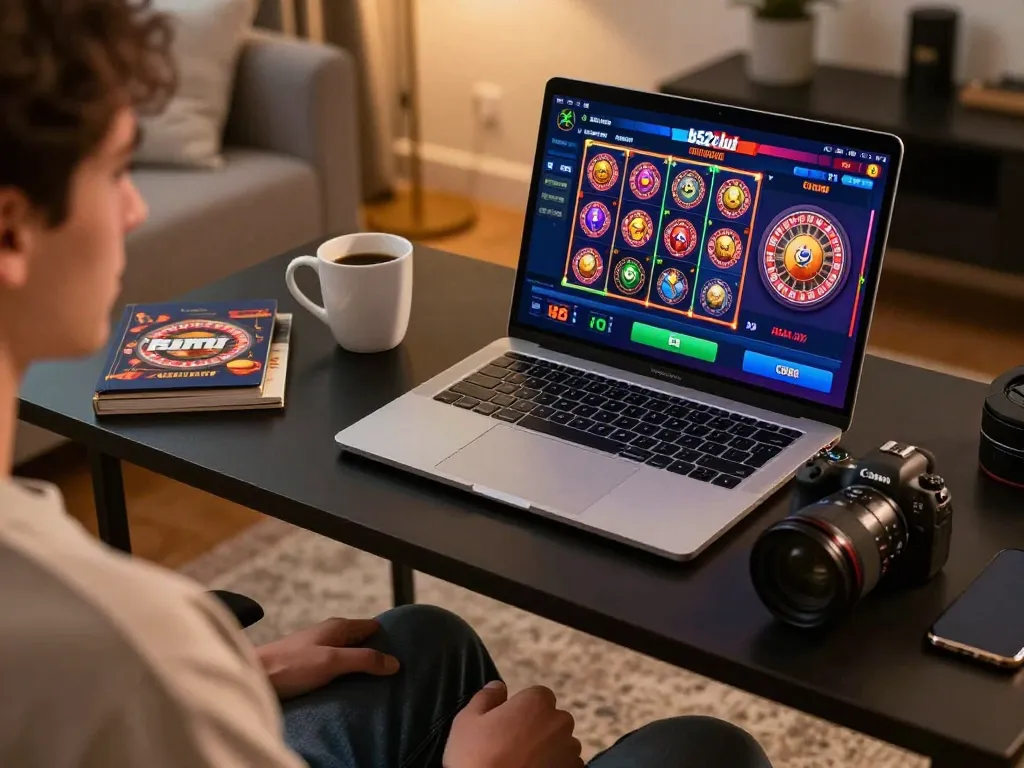 Player engaging with b52club slot games on a laptop, highlighting an immersive online gambling experience.