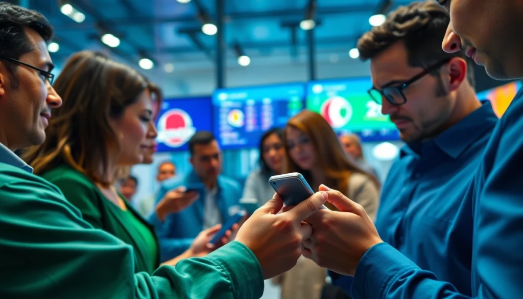 Engaging scene showcasing sports betting sites India with individuals using mobile apps for betting.