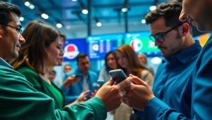 Engaging scene showcasing sports betting sites India with individuals using mobile apps for betting.