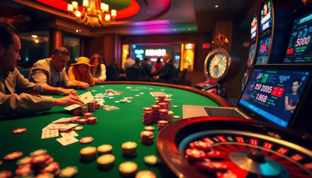 Engaging mm88 video poker game scene showcasing intense players and vibrant chips.