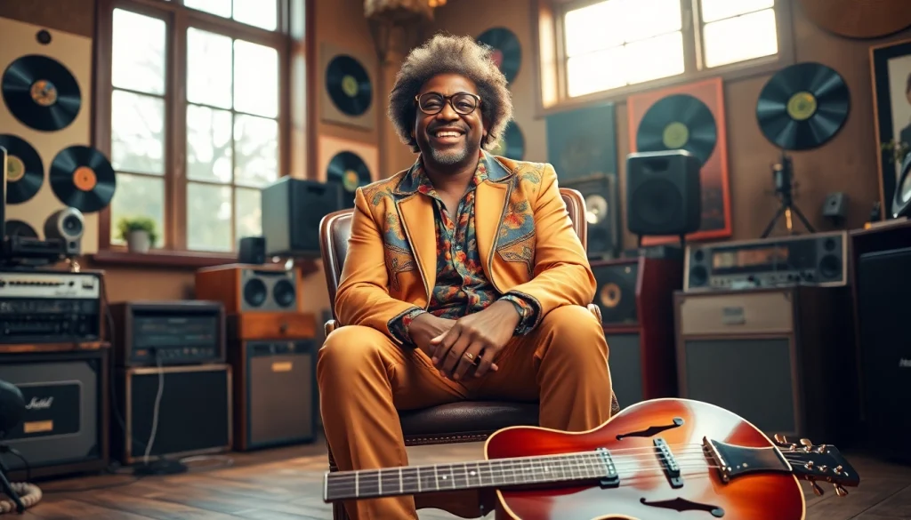 Leroy Silver passionately playing music in a vibrant recording studio setting.